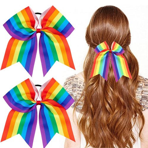 DIUEWOW Rainbow Cheer Leading Bow - 2PCS Hair Ties with Elastic Ponytail Holder Bow Hair Tie Band...