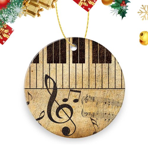 Double Sided Ceramic Ornament Xmas Tree Christmas Decor 3 inch，Vintage Music Piano