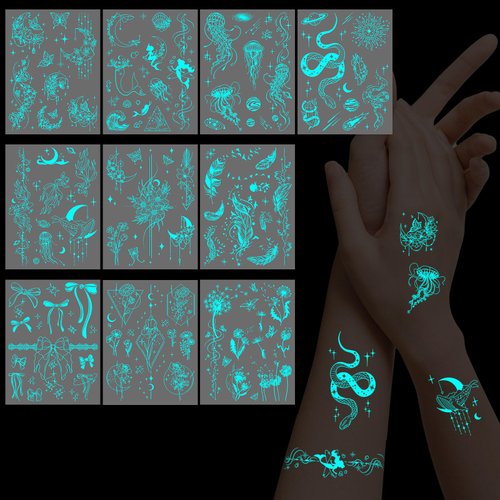 Konsait 10 Sheets Glow in the Dark Tattoos Blue Temporary Tattoos for Women Girls Glow Tattoos Face Tattoos Kids Snake Butterfly Flower Tattoos Luminous Body Make Up Fake Tattoo