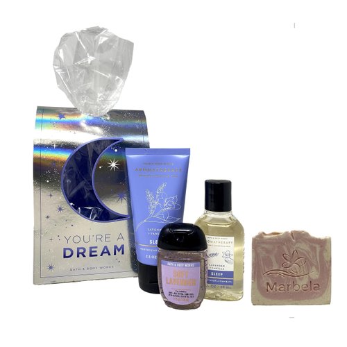 Bath & Body Works Aromatherapy Sleep Lavender + Vanilla You're A Dream Travel Gift Bag Set - Body Cream - Body Wash + Foam Bath - Hand Gel Travel Size with a Himalayan Salts Springs Sample Soap.