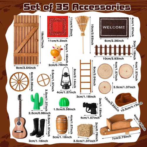 Cinnvoice 35 Pcs Cowboy Elf Doors House Kits Miniature Western Figures Dollhouse Accessories Set Elf Birthday Party DIY Craft for Boys Girls Garden Wall Table Indoor Outdoor Decor Christmas party Gift