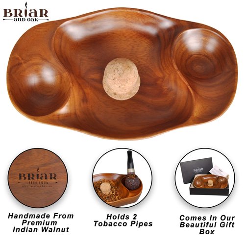 Briar & Oak Vintage Tobacco Pipe Ash Tray with Cork Knocker - Double Wooden Pipe Rest & Ashtray for Indoor, Outdoor, Patio, Home & Office Use - Pipe & Cigar Ashtray Gift for Men