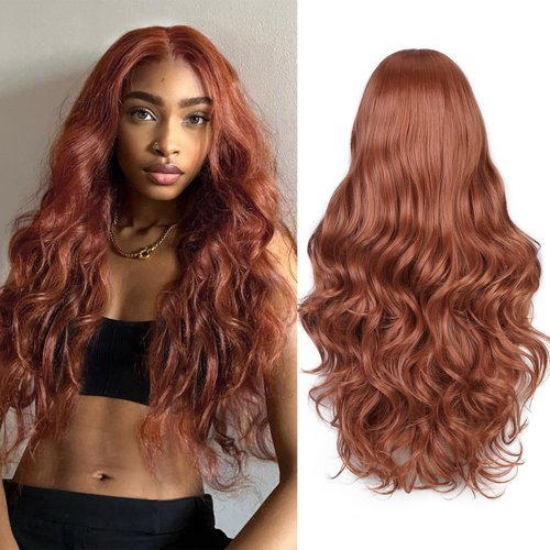 FAVE 28 Inches Lace Front Wig Heat Resistant Synthetic Lace Front Wig Long Wavy Free Part Auburn ...