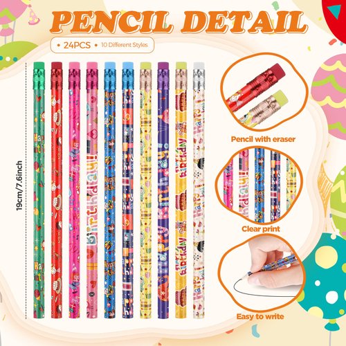 Sabary 48 Pcs Happy Birthday Pencils Rubber Bracelets Set Birthday Party Favors Birthday Pencils Silicone Wristbands Birthday Bracelet for Kids Students Teachers Classroom Reward Gifts (Bright Style)