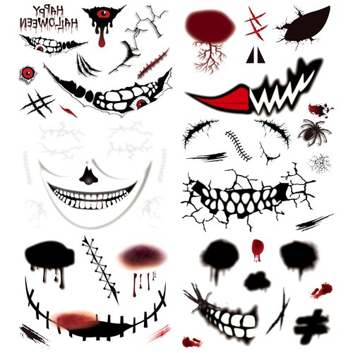 Oottati 6 pcs Scary Face Make Up Halloween Realistic Temporary Tattoo Stickers Horror Prank Props Decals Cosplay Party Zombie Sewing Scar Blood Wound For Men Women