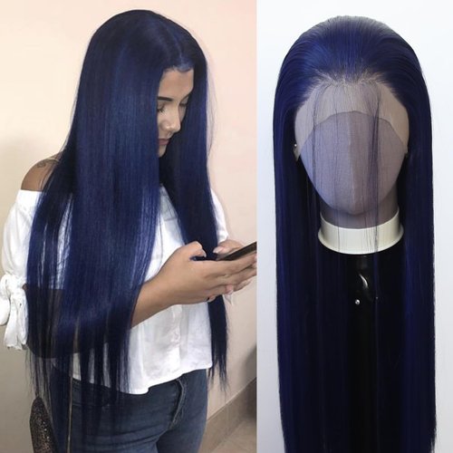 zigzag hair Dark Blue Wig Long Straight Navy Blue Synthetic Lace Front Wigs for Fashion Women Pre...