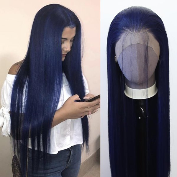 zigzag hair Dark Blue Wig Long Straight Navy Blue Synthetic Lace Front Wigs for Fashion Women Pre Plucked with Natural Hairline Heat Resistant Fiber Hair Glueless Synthetic Lace Wig (Dark Blue)