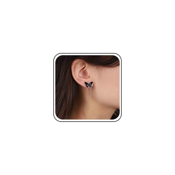 Allereyae Vintage Butterfly Stud Earrings Silver Chain Tassel Dangle Earrings Black Butterfly Earrings Layer Chain Drop Earrings Jewelry for Women