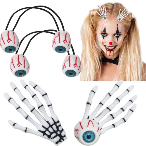 4pcs Halloween Skeleton Hands Bone Hair Clips,Bloody EyeBalls Elastic Hair Ties, Halloween Horror...