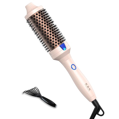 K&K 1.77 inch Volumizing Brush Heated Curling Ceramic Tourmaline Ionic Curling Iron Quick Heating Makes Hair Silky Smooth Dual Voltage Travel-Friendly Straightening Round Design (Pale pink, 1.77 Inch)