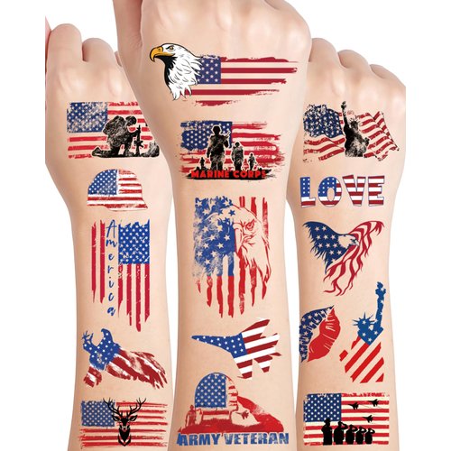 Veterans Day Patriotic Party Temporary Tattoos Stickers,20 Sheets 192 Pieces Veterans Day Army Military America Flag Themed Tattoos Stickers Party Parades Decoration Supplies