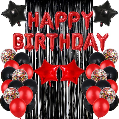 Red Black Birthday Party Decoration Kit - Happy Birthday Banner,Fringed Curtain,Latex Balloon and Confetti Balloons for Girls and Womens Birthday Party Supplies
