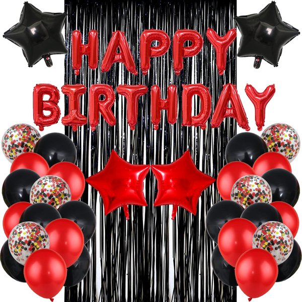 Red Black Birthday Party Decoration Kit - Happy Birthday Banner,Fringed Curtain,Latex Balloon and Confetti Balloons for Girls and Womens Birthday Party Supplies