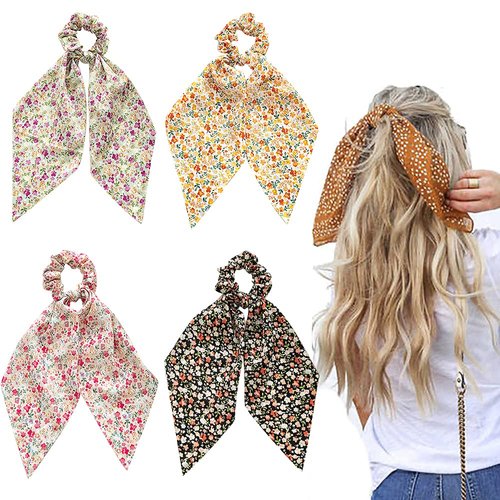 Chiffon Hair Scarf Scrunchies Ponytail with Tail, Floral Hair Ribbon Ties Hair Scrunchies with Bo...