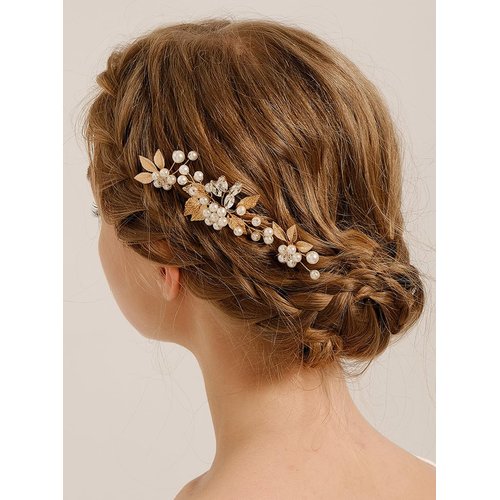 Missgrace Women Silver Gold Simple Rhinestones Pearls Hair Pins Headpiece Bride Wedding Silver Le...