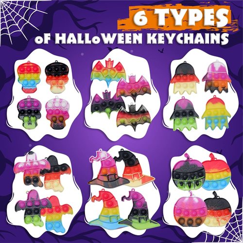 VodeDrge Halloween Party Favors for Kids, Halloween Toys Bulk with Keychain, 24 Pack Mini Pop Bubbles, Stress Toys, Stress Relief Sensory Fidget Toys for Kids School Classroom