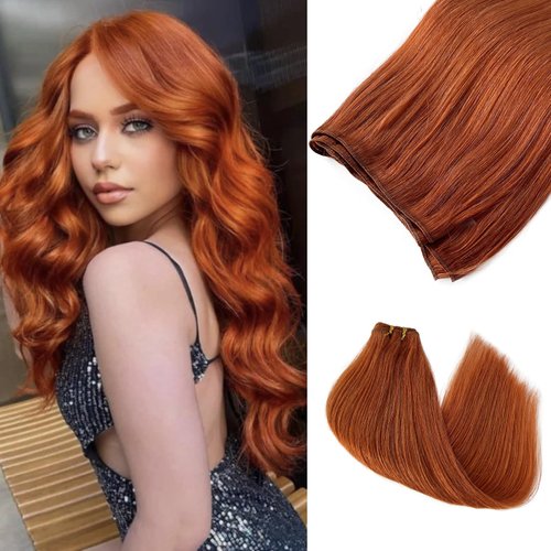 24Inch Sew in Weft Hair Extensions Real Human Hair,Ginger Sew in Real Hair Extensions Human Hair Double Weft Silky Soft Hair Burgundy Hair Bundles Sew in Extensions for Fullness and Thickness