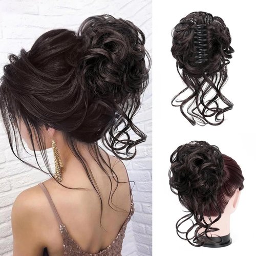 Foaoit Claw Clip Messy Bun Hair Pieces for Women Messy Wavy Curly Hair Bun Extensions Tousled Updo Bun Hair Clip in Synthetic Hair Bun Ponytail Extension (Darkest Brown Tend to Black)