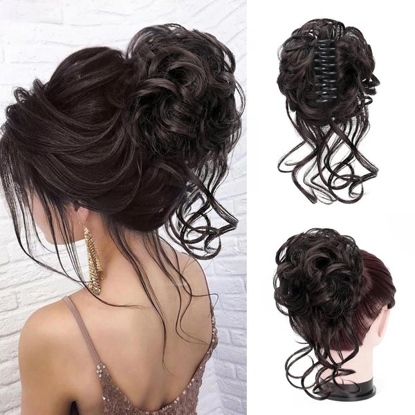 Foaoit Claw Clip Messy Bun Hair Pieces for Women Messy Wavy Curly Hair Bun Extensions Tousled Updo Bun Hair Clip in Synthetic Hair Bun Ponytail Extension (Darkest Brown Tend to Black)