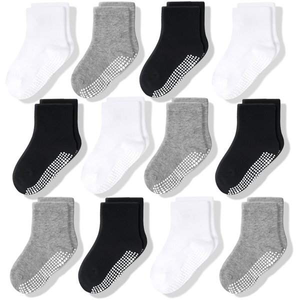 CozyWay Non-Slip Crew Grip Toddler Socks, 12 Pack for Boys & Girls, Black/White/Gray, 3-5 Years Old