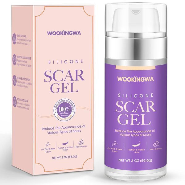 WOOKINGWA Silicone Scar Gel, Advanced Scar Gel for Surgical Scars, Non-Greasy Scar Cream with Allantoin, Vitamin C & E for Keloid, C-Section, Stretch Mark, Burn, Acne, Injury, 2 OZ