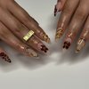 MERVF Almond Press on Nails Medium Fake Nails Brown French Tip Glue on Nails Press ons Flower Acrylic Nails Gold Stiletto Fall False Nails with 3D Design Glossy 24pcs