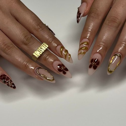 MERVF Almond Press on Nails Medium Fake Nails Brown French Tip Glue on Nails Press ons Flower Acrylic Nails Gold Stiletto Fall False Nails with 3D Design Glossy 24pcs