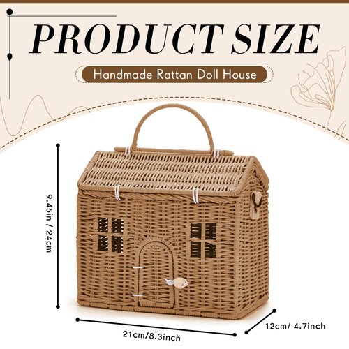 Wettarn Handmade Rattan Doll House Rattan House Shape Shoulder Bag Wicker Basket with Lid for Doll Toys Rattan Storage Basket Small Dollhouses Cute Woven Handcrafted Artwork Gift (Khaki)