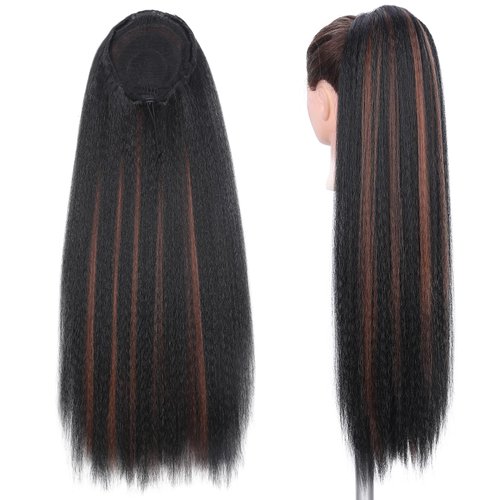 WIGNEE 24 Inches Kinky Straight Ponytail Extension Synthetic Drawstring Ponytail For Black Women Yaki Pony Tails Hair Extensions(24 Inches, 1B/30 Highlights)