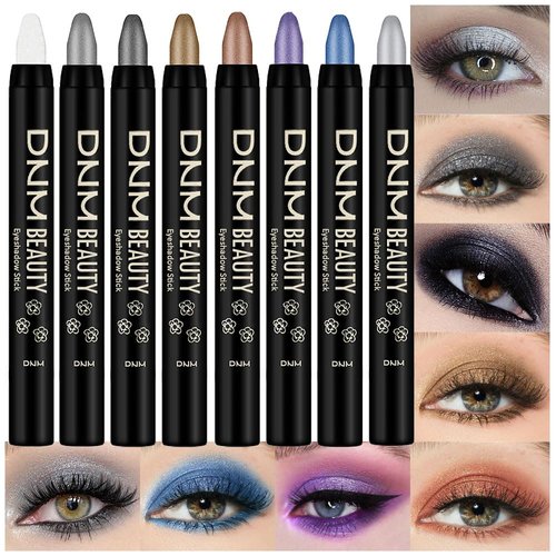 8Pcs Cream Eye Shadow Brightener Sticks Set for Eyes, Pearl White Smokey Black Gray Khaki Royal Blue Violet Purple Silver Glitter Shimmer Waxy Pencil Eye shadow Applicator Stick Palette Makeup，01#
