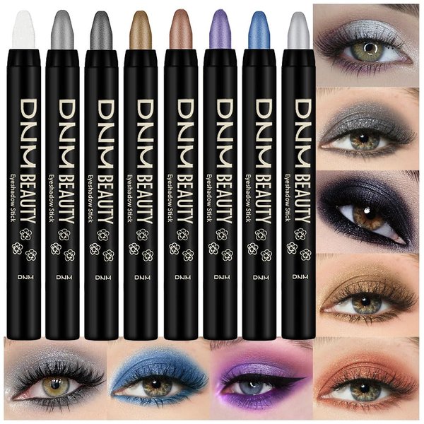 8Pcs Cream Eye Shadow Brightener Sticks Set for Eyes, Pearl White Smokey Black Gray Khaki Royal Blue Violet Purple Silver Glitter Shimmer Waxy Pencil Eye shadow Applicator Stick Palette Makeup，01#