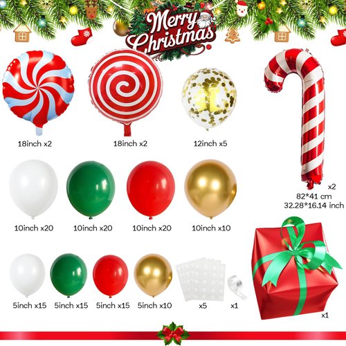 139PCS Christmas Balloon Garland Kit, Red Dark Green White and Metallic Gold Xmas Balloon Arch Set with Candy Cane Gift Box Foil Balloons for New Year Decor Holiday Birthday Party Decorations Supplies