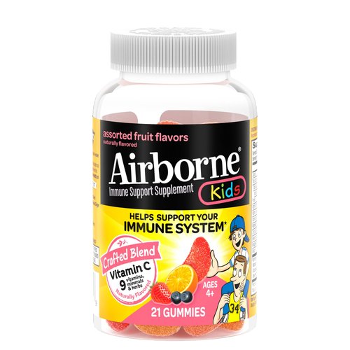 Airborne KIDS 500mg Vitamin C Gummies, Kids Immune Support Zinc Gummies with Powerful Antioxidants Vit C & E - 21 gummies, Assorted Fruit Flavor