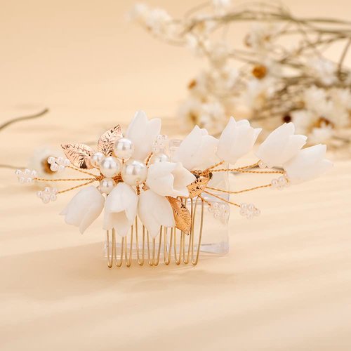 Teyglen Flower Bridal Pearl Hair Comb Handmade Gold Leaf Side Comb Wedding Hair Pieces for Bride Floral Headpieces Hair Accessories for Women Girls