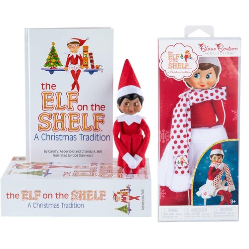 The Elf on the Shelf Christmas Tradition Box Set with Elf (Dark Tone Girl), Story Book and Claus Couture Collection Candy Cane Classic Dress (Multi-Item Bundle)