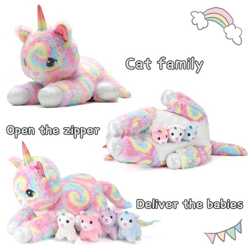 22inch Unicorn Stuffed Animals Cat Plush for Girls, Momma Cat Plushie with 4pcs Baby Kitty Toys, 5 in 1 Surprise Gifts Playset