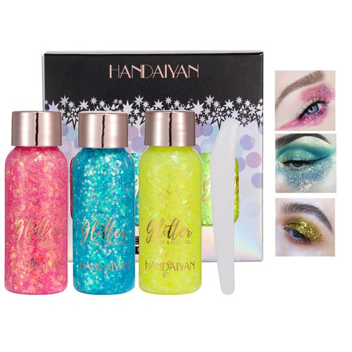Body Glitter Gel Set, 3 Pcs Face Glitters Face Gel Sequins Shimmer Sparkling Eyeshadow, Long Lasting Chunky Glitter for Face Hair Nails, Holographic Cosmetic Gel Festival Glitter Makeup (Set of B)