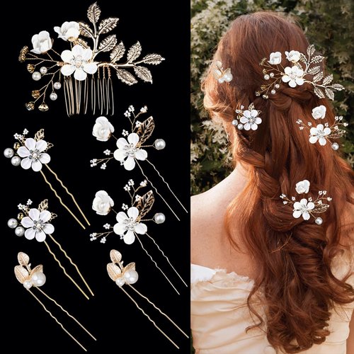 7 PCS Bridal Flower Wedding Hair Clips Crystal Pearl Hair Pins Headpiece Side Bridal Comb Gold Wedding Hair Accessories Jewelry for Brides Bridesmaids Women Girls Updo(White)