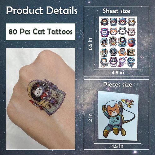 80 PCS Cats Temporary Tattoos for Party Supplies, Temporary Tattoo Stickers for Birthday Parties, Cat Party Favor Activities, Waterproof Temporary Tattoos.