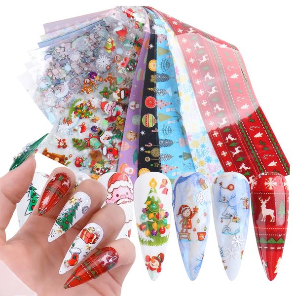 Christmas Nail Stickers Decals Nail Foil Transfer Sticker 10 Sheets Xmas Holiday Decorations Christmas Santa Snowflake Deer Christmas Tree Stickers for Manicure Supplies