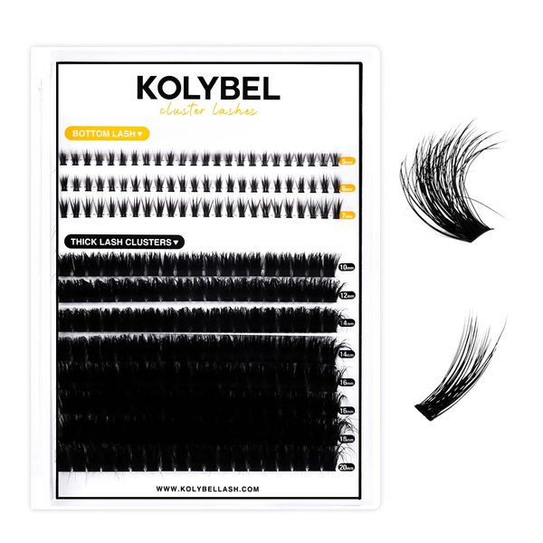 KOLYBEL Lash Clusters with Bottom Lash Extension Lash Clusters Volume Lash Extension Individual Lashes 200D Cluster Lashes 10-20mm Thick Cluster Eyelash Extensions(200D with Bottom Lashes)