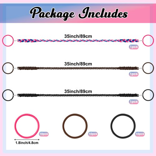 ARefugen 3 Pack 35" Strong Hair Ties and 30Pcs Elastics Hair Ties for Long Thick Hair, Elastics 4mm Hair Tie Scrunchies Ponytail Holders Hair Accessories for Water Wind Sports (Purple Black Brown)