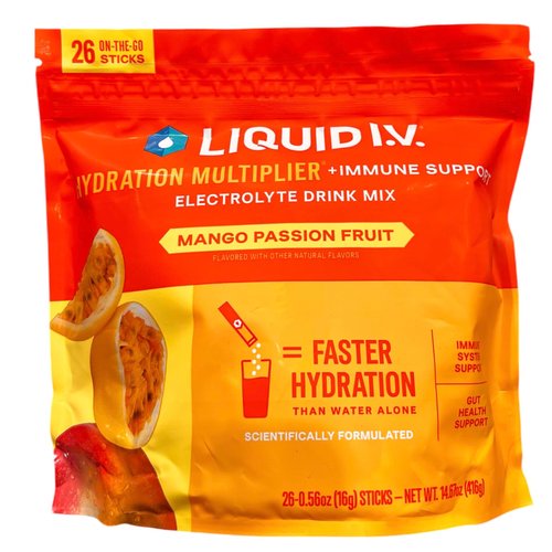 Liquid IV 26 Sticks Electrolytes Powder Mix Drink Mango Passion Fruit Hydration Multiplier Individual Serving Stick Packs in Resealable Pouch