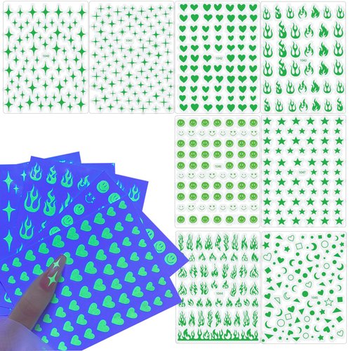 8PCS Luminous Nail Stickers,3D Self-Adhesive Fluorescence Flame Cloud Rainbow Nail Stickers Decals Glow in The Dark for Halloween Nail Art DIY Decoration