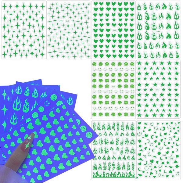 8PCS Luminous Nail Stickers,3D Self-Adhesive Fluorescence Flame Cloud Rainbow Nail Stickers Decals Glow in The Dark for Halloween Nail Art DIY Decoration