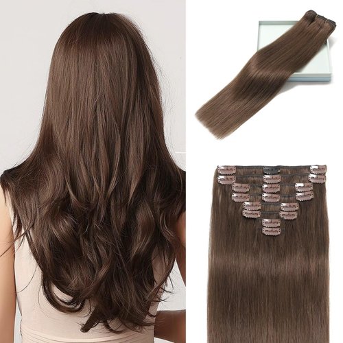LORIEN Clip in Hair Extensions Real Human Hair, 22 Inch 110g, 4 Dark Brown, Clip in 100% Brazilian Remy Human Hair Extensions 8pcs Per Set with 18 Clips Double Weft
