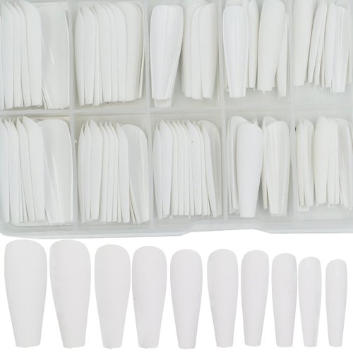 AddFavor 100pcs Coffin Fake Nails Full Cover Long Press on Nails Pure Color Matte Acrylic False Nail Tips for Women and Girls (White)