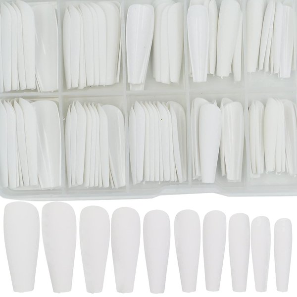 AddFavor 100pcs Coffin Fake Nails Full Cover Long Press on Nails Pure Color Matte Acrylic False Nail Tips for Women and Girls (White)