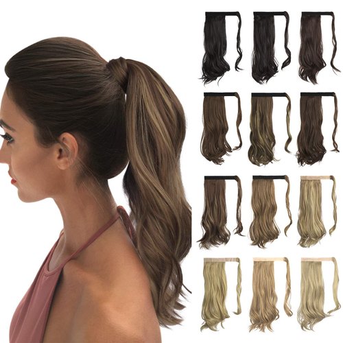 SOFEIYAN Curly Ponytail Extension 15 Inch Heat Resistant Synthetic Natural Wavy Hairpiece Wrap Around Pony Tail Hair Extensions for White Black Women Hair Piece, Brown Highlighted Light Blonde