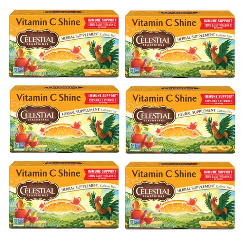 Celestial Seasonings Vitamin C Shine Herbal Tea, Caffeine Free, 20 Tea Bags Box, (Pack of 6)